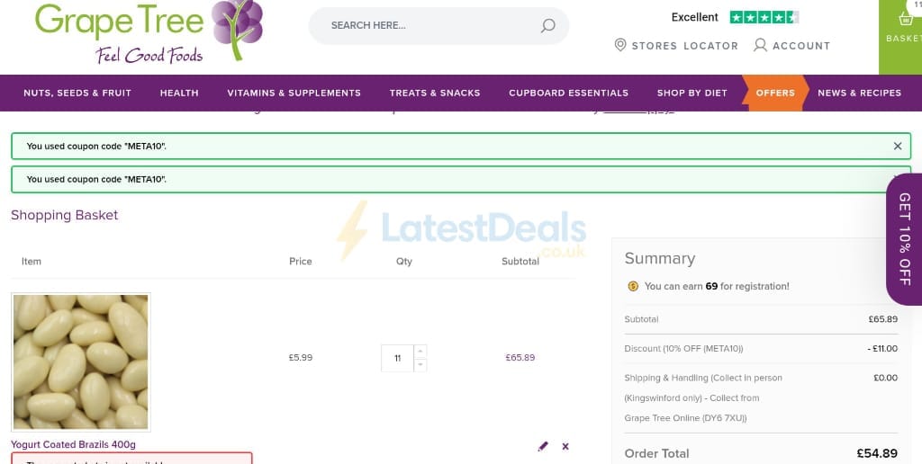 Screenshot of the Grape Tree discount code working