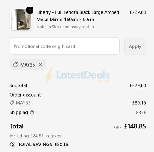 Screenshot of the William Wood Mirrors discount code working