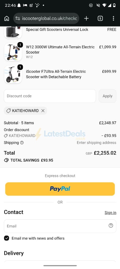 Screenshot of the iScooter discount code working