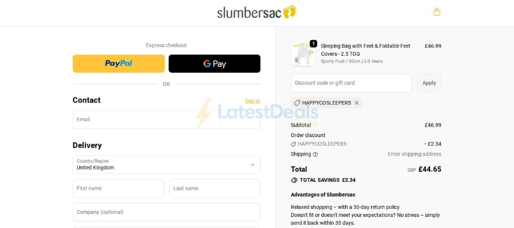 Screenshot of the Slumbersac discount code working
