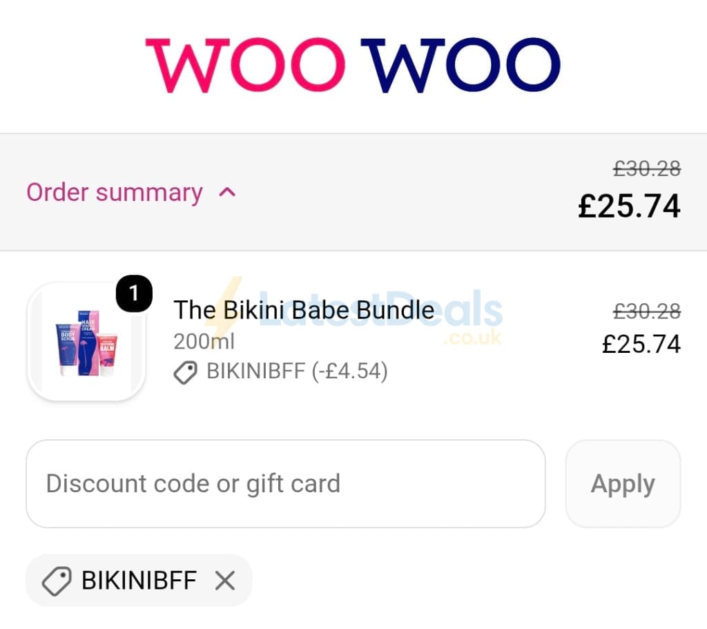 Screenshot of the WooWoo discount code working