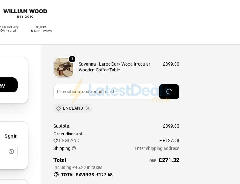 Screenshot of the William Wood Mirrors discount code working