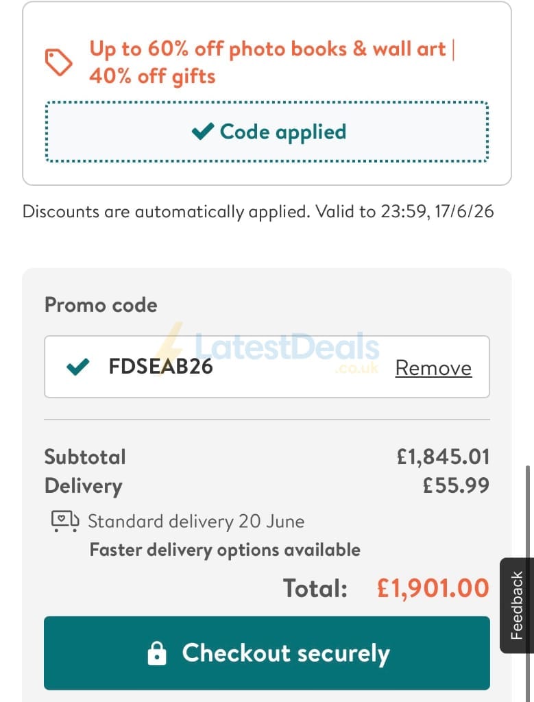 Screenshot of the Photobox discount code working