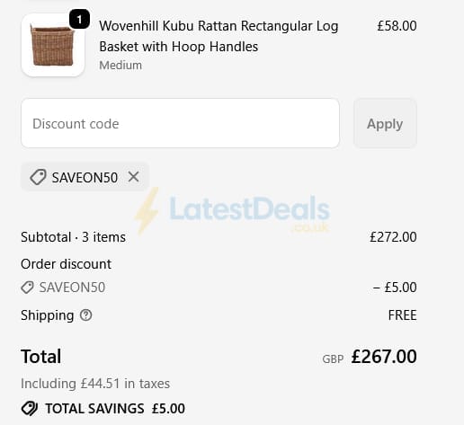 Screenshot of the Wovenhill discount code working