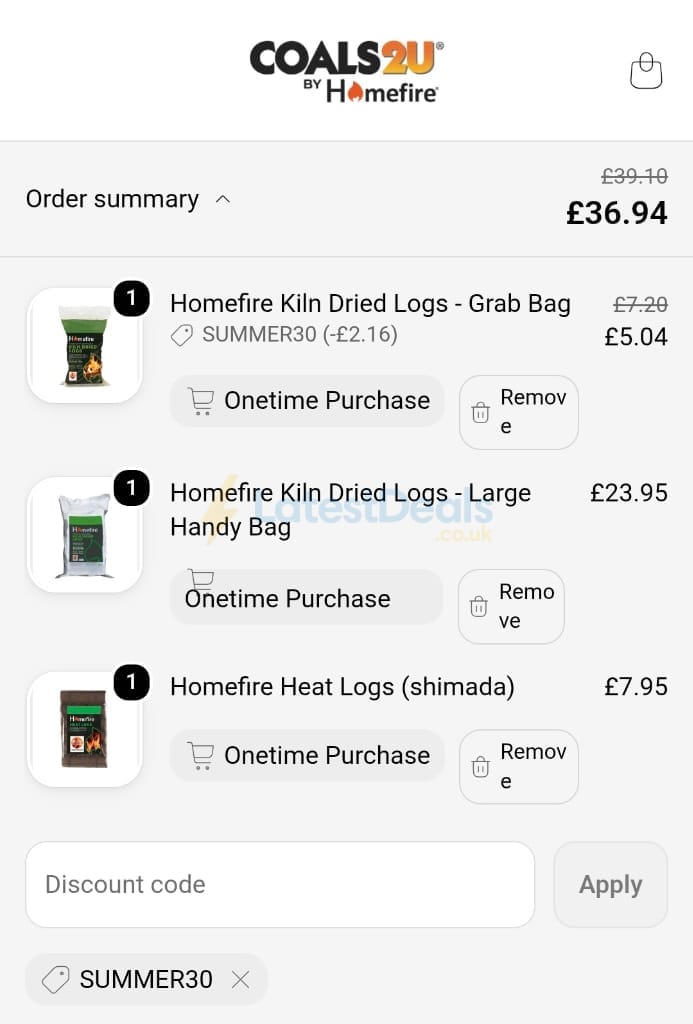 Screenshot of the Coals 2 U discount code working