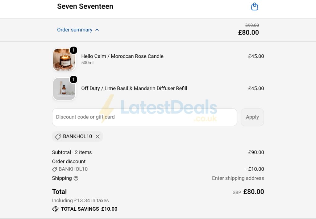 Screenshot of the Seven Seventeen discount code working
