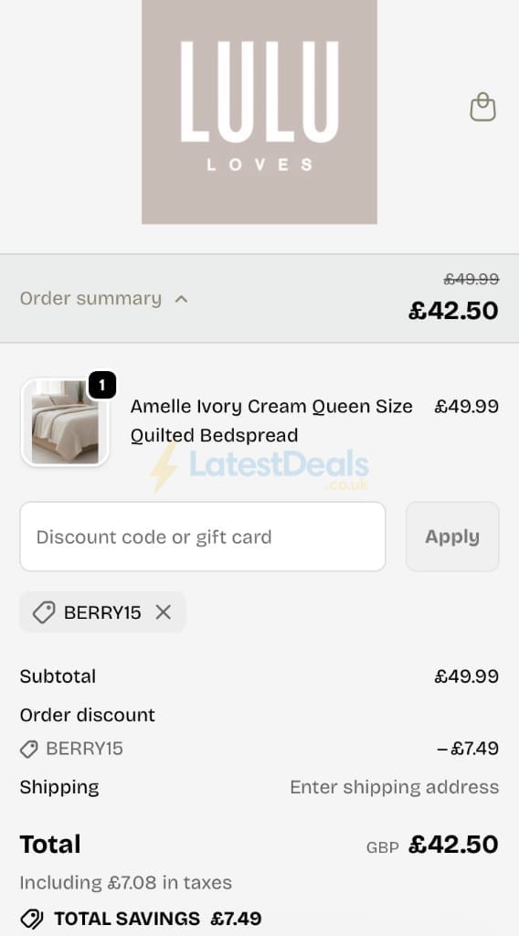 Screenshot of the LULU Loves discount code working