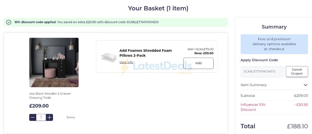Screenshot of the Happy Beds discount code working