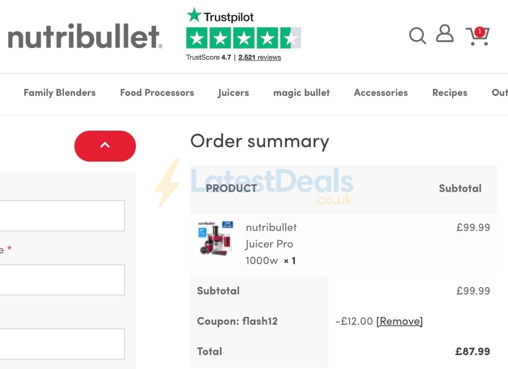 Screenshot of the Nutribullet discount code working