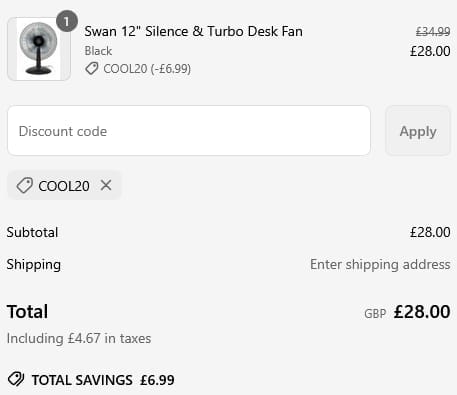 Screenshot of the Swan discount code working