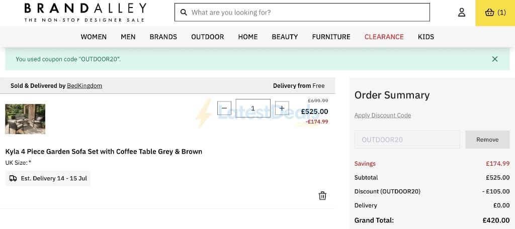 Screenshot of the BrandAlley discount code working