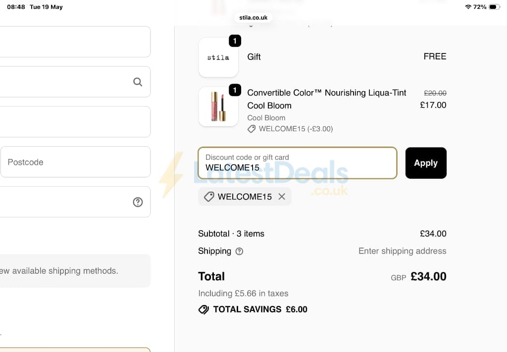 Screenshot of the Stila discount code working