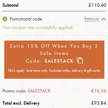Screenshot of the Graham and Green discount code working