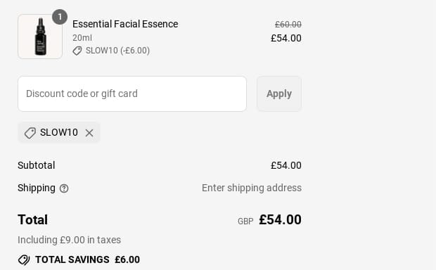 Screenshot of the Slow Ageing discount code working