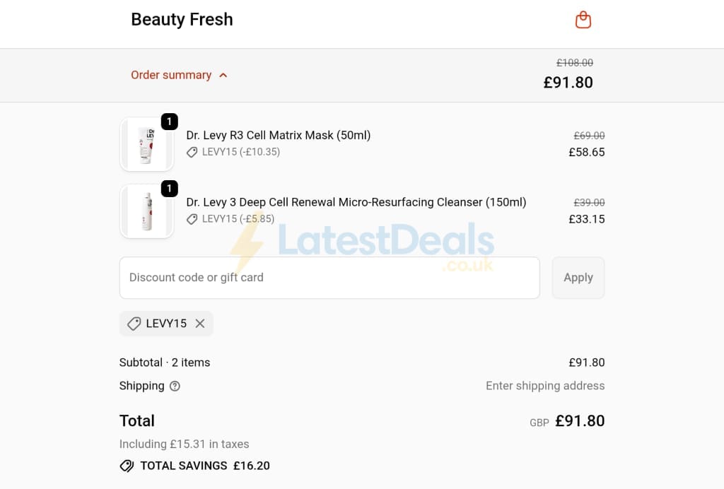 Screenshot of the Beauty Fresh discount code working