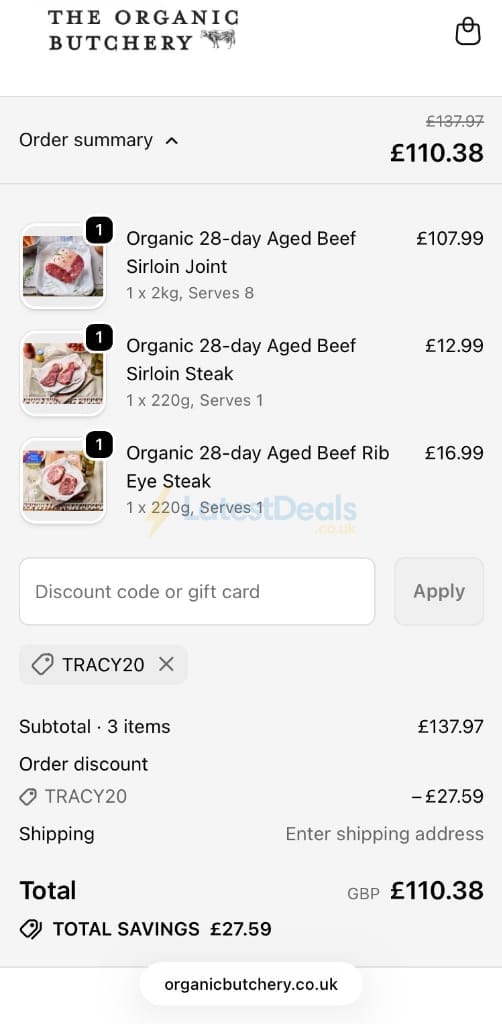 Screenshot of the The Organic Butchery discount code working
