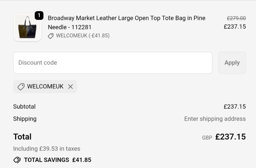 Screenshot of the Radley London discount code working