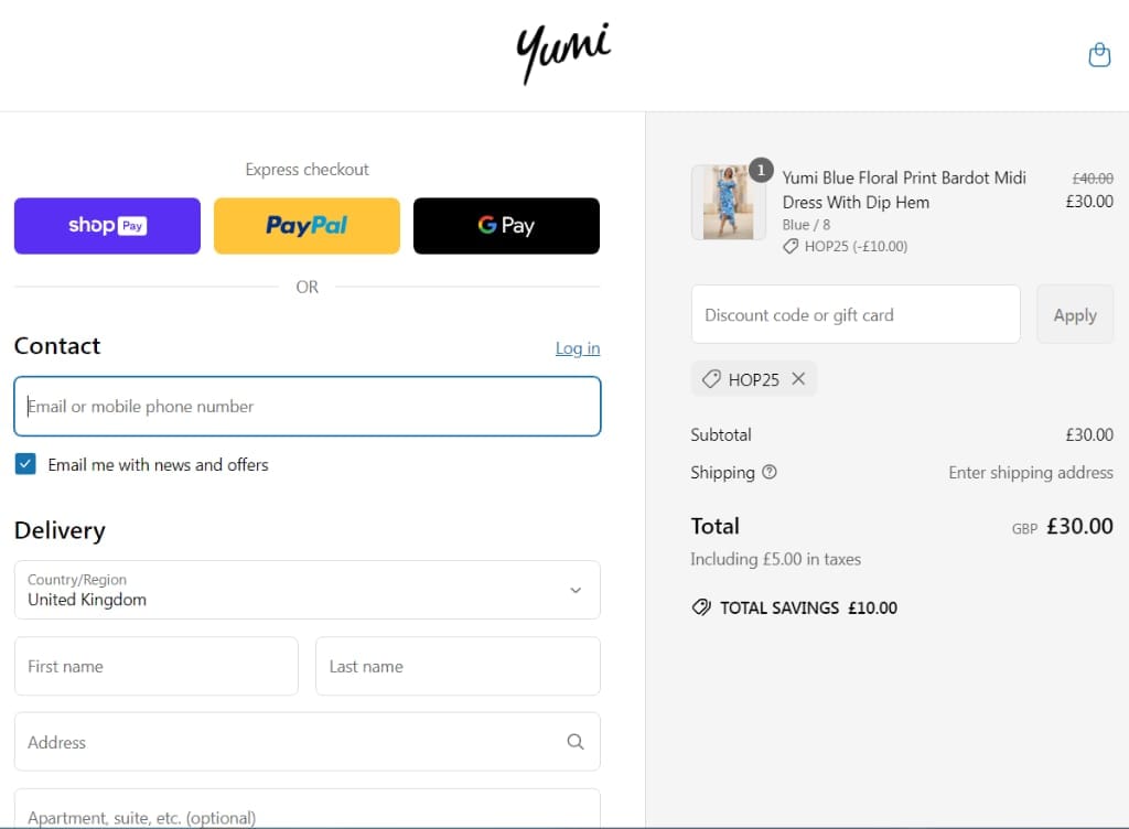 Screenshot of the Yumi discount code working