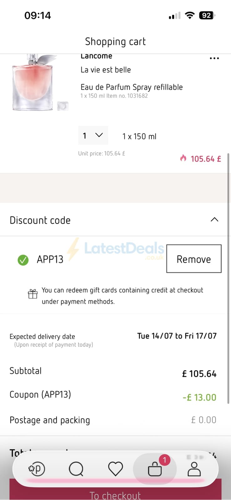 Screenshot of the Parfumdreams discount code working