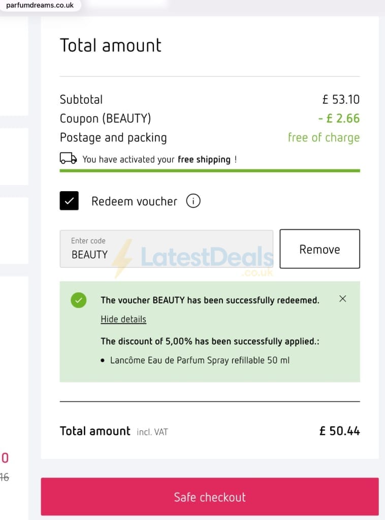 Screenshot of the Parfumdreams discount code working