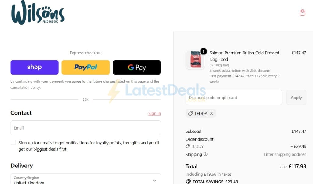 Screenshot of the Wilsons Pet Food discount code working