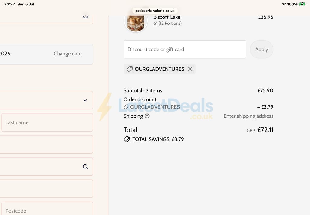 Screenshot of the Patisserie Valerie discount code working