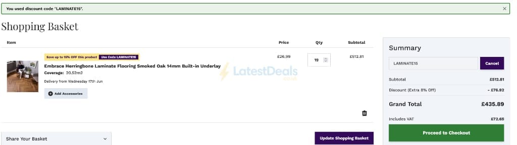 Screenshot of the Factory Direct Flooring discount code working
