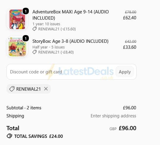 Screenshot of the Bayard Magazines discount code working