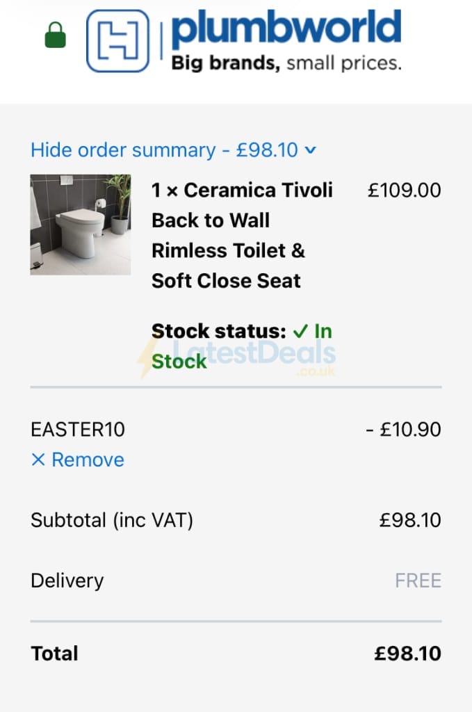 Screenshot of the Plumbworld discount code working