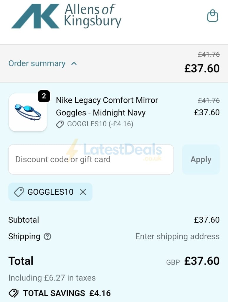 Screenshot of the Allens Swimwear discount code working