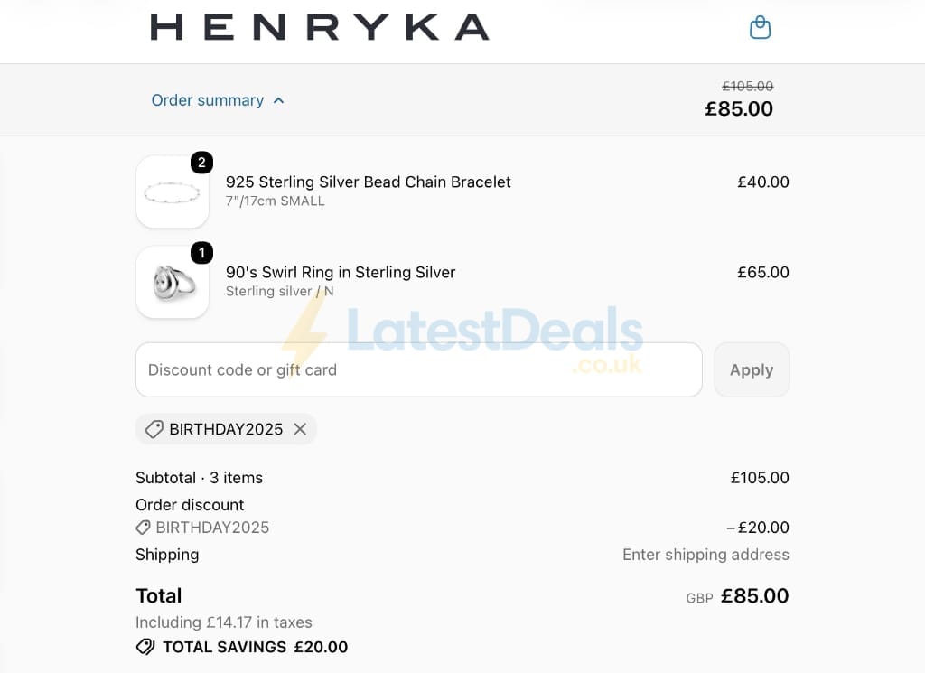 Screenshot of the Henryka discount code working