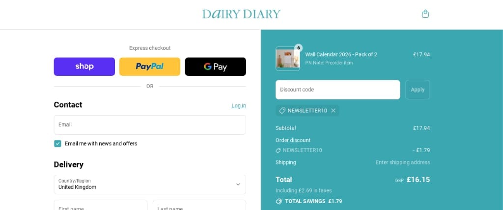 Screenshot of the Dairy Diary discount code working