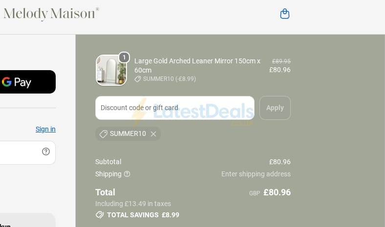 Screenshot of the Melody Maison discount code working