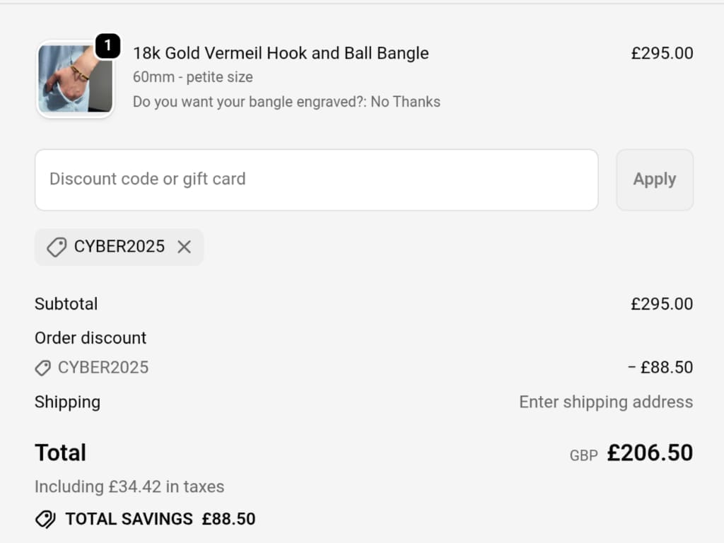 Screenshot of the Mon Bijoux Jewellery discount code working