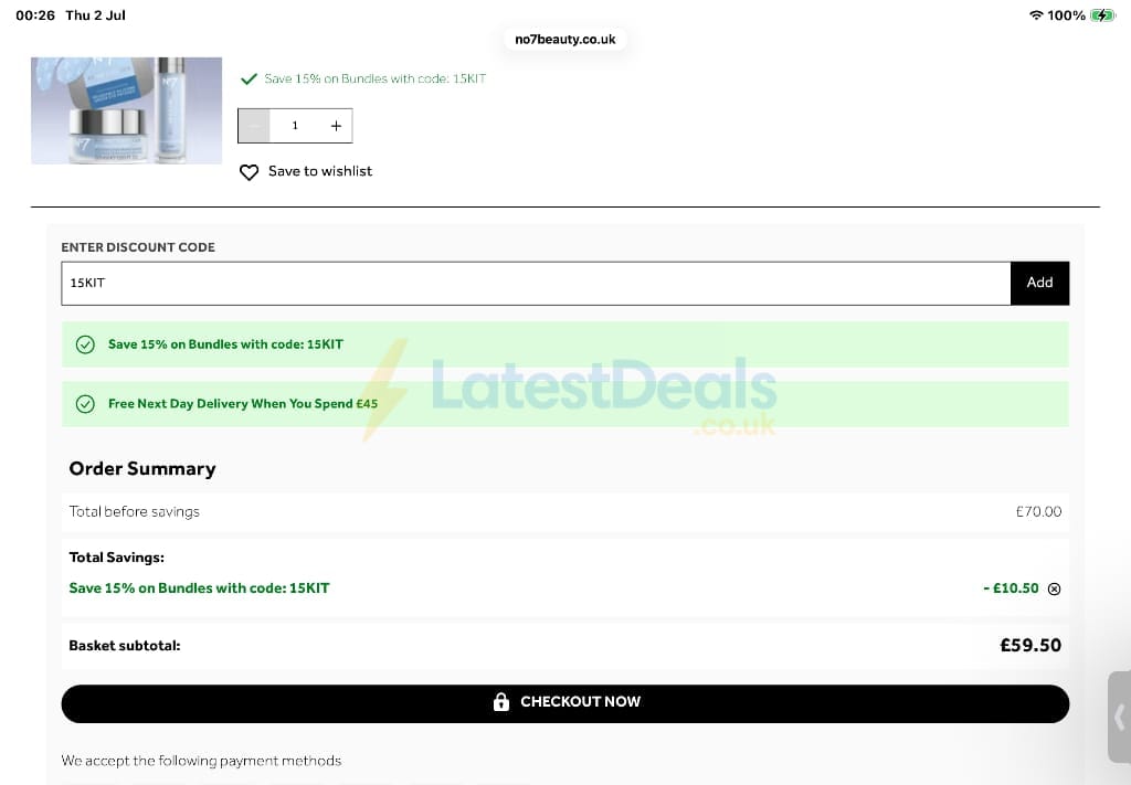 Screenshot of the No7 Beauty discount code working