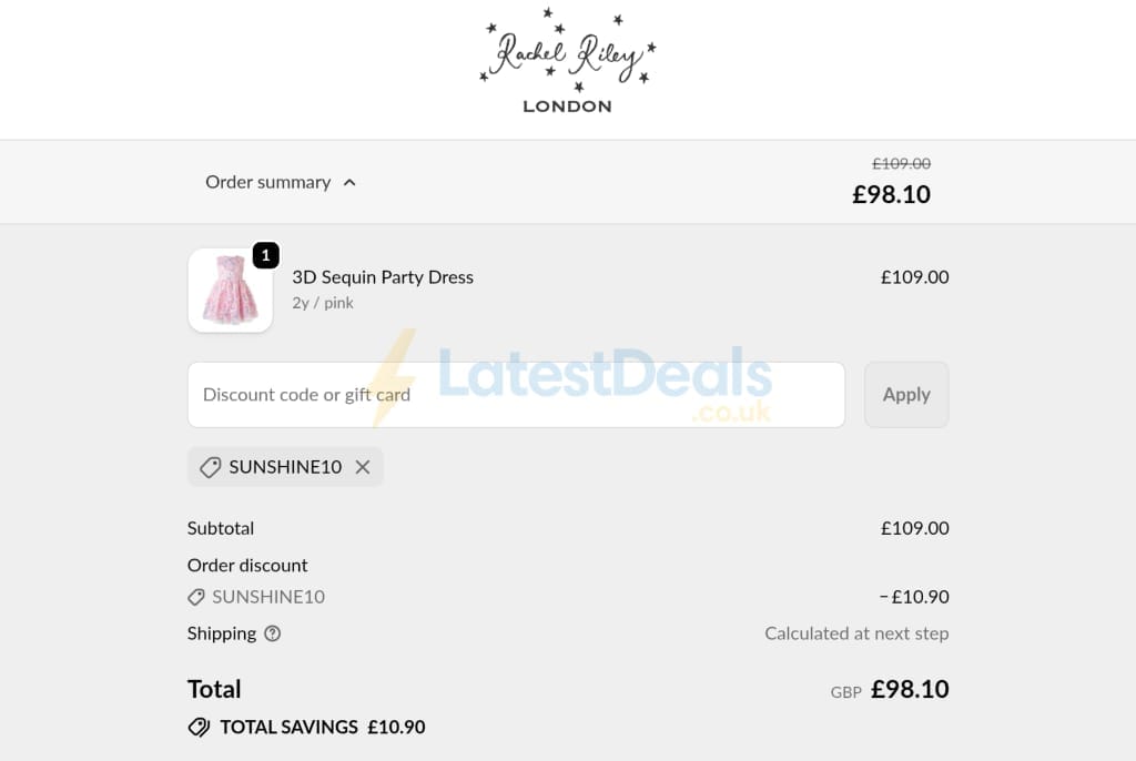 Screenshot of the Rachel Riley discount code working