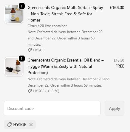 Screenshot of the Greenscents discount code working