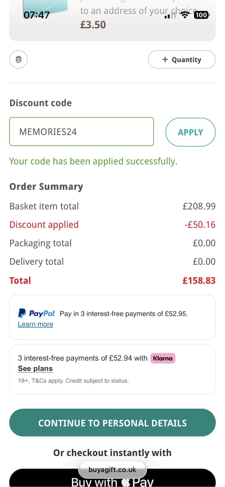 Screenshot of the Buyagift discount code working