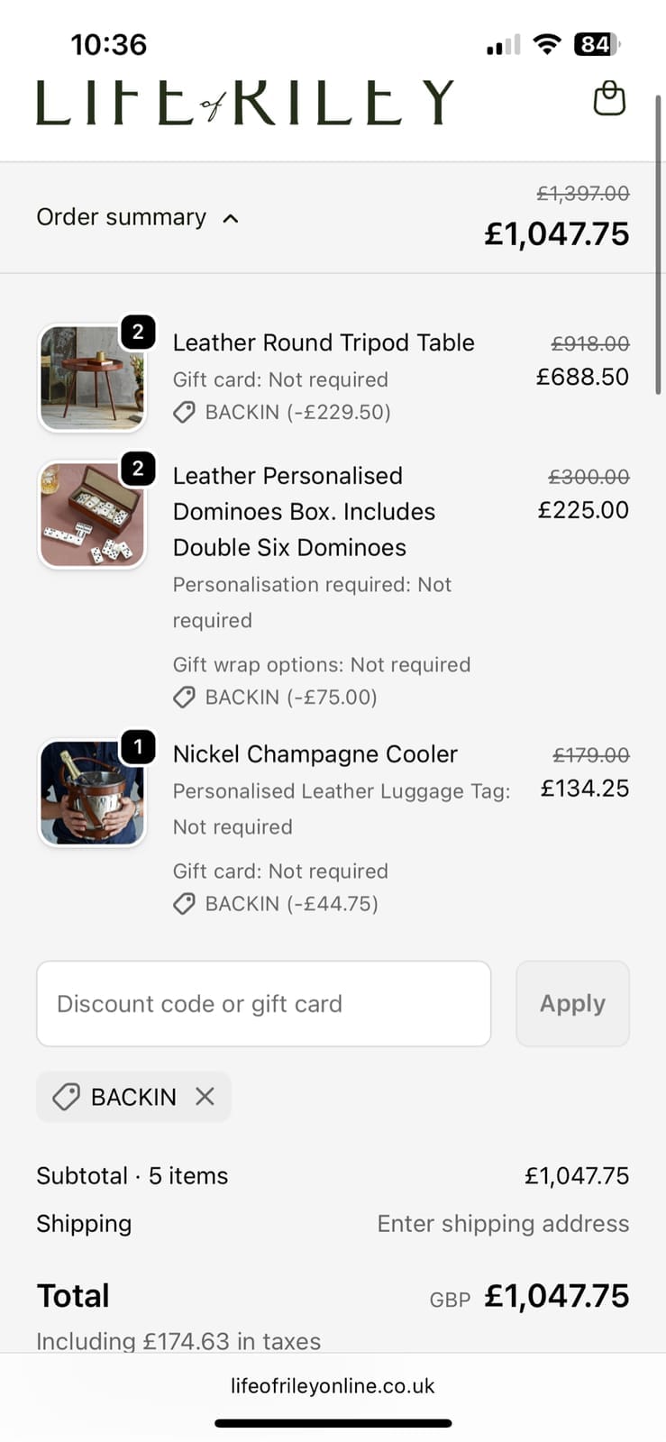 Screenshot of the Life of Riley discount code working