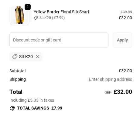 Screenshot of the Scarf Room discount code working