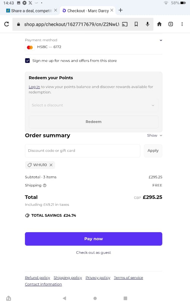 Screenshot of the Marc Darcy discount code working