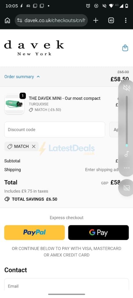 Screenshot of the Davek discount code working