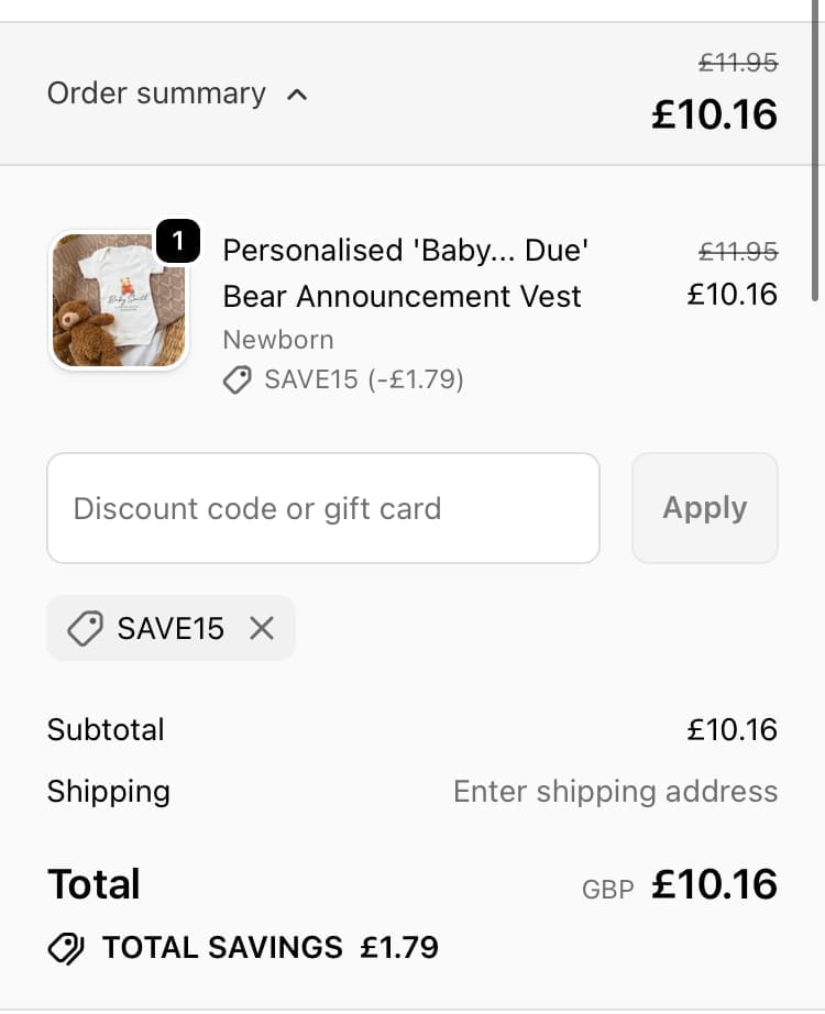 Screenshot of the Millie & Ralph discount code working