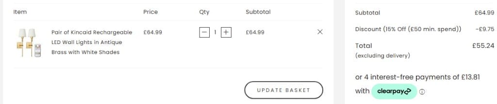 Screenshot of the Value Lights discount code working