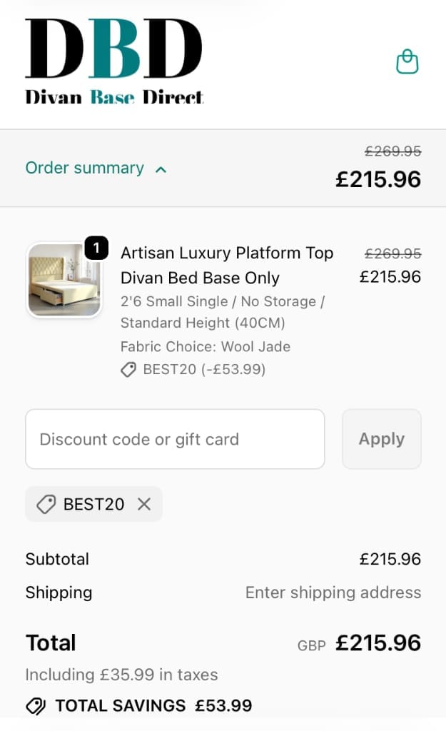 Screenshot of the Divan Base Direct discount code working
