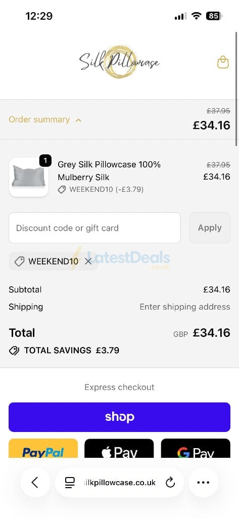 Screenshot of the Silk Pillowcase discount code working