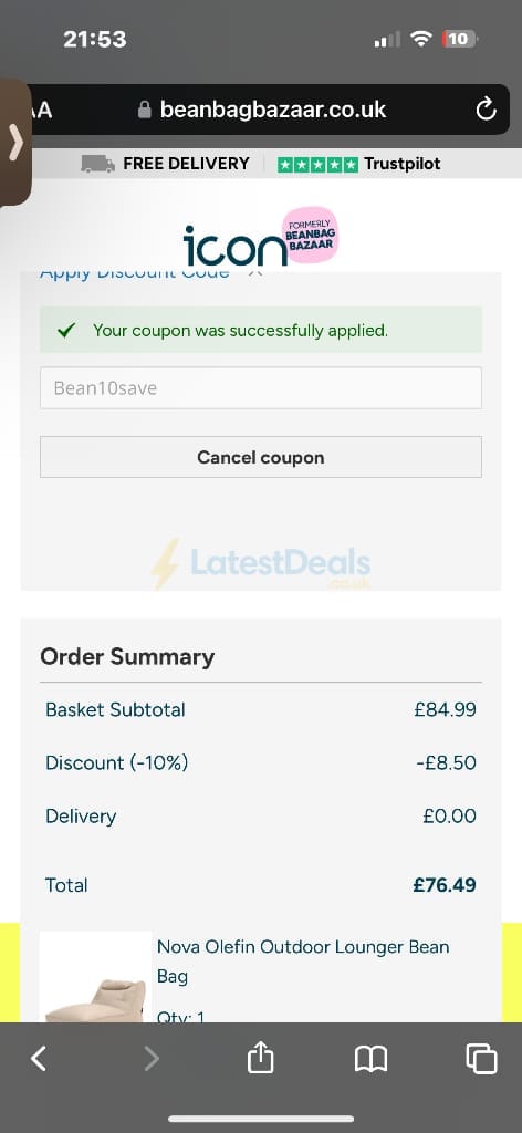 Screenshot of the Bean Bag Bazaar discount code working