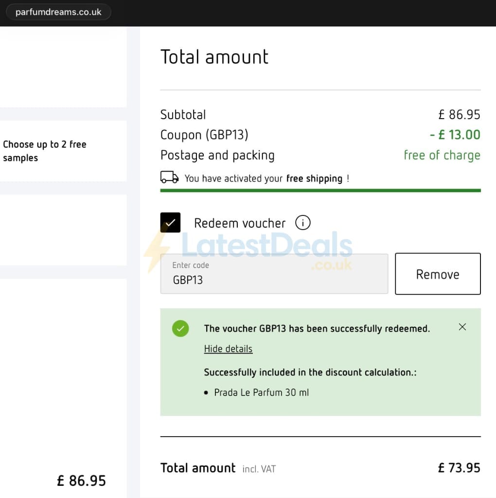 Screenshot of the Parfumdreams discount code working
