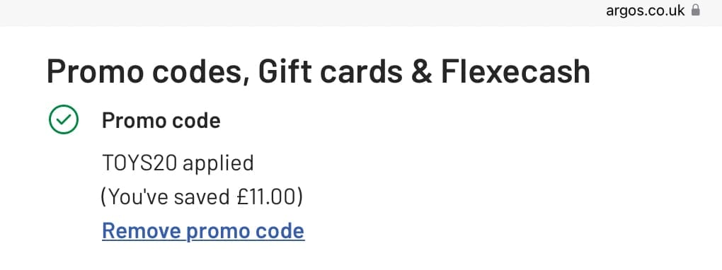 Screenshot of the Argos discount code working