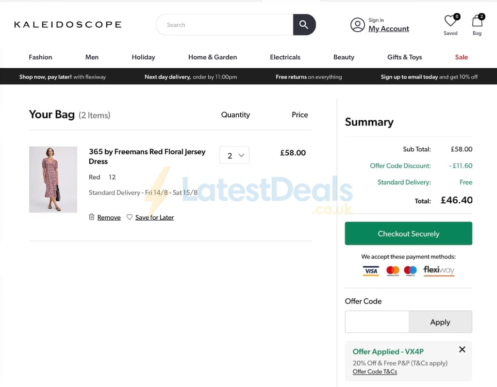 Screenshot of the Kaleidoscope discount code working